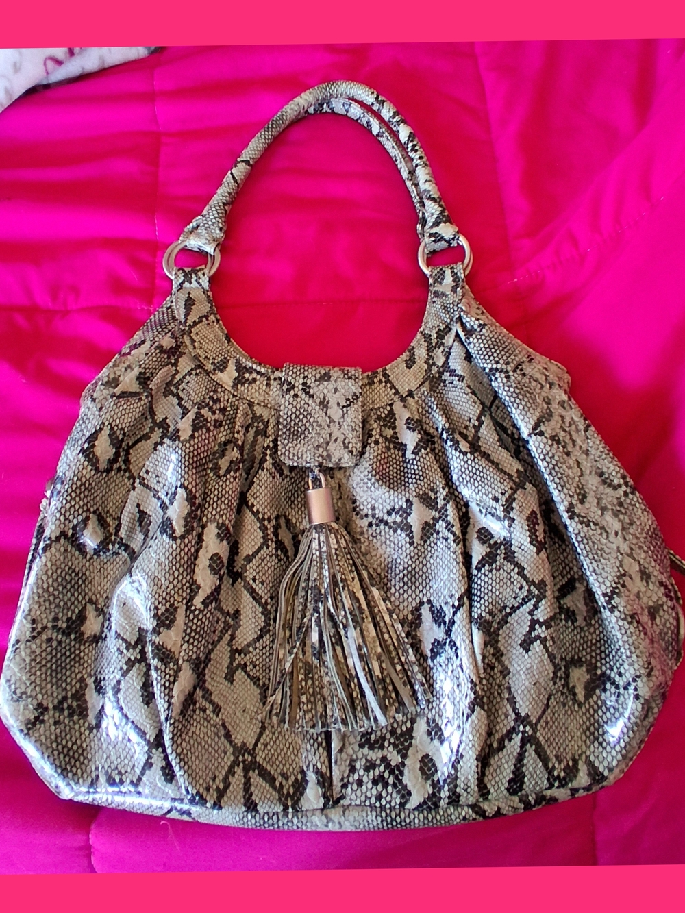 Worthington Snake-Print Tassel Hobo - Beige and Black